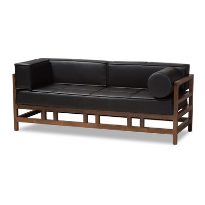 Shaw Midcentury Modern Pine Faux Leather Walnut Wood 2 Seater Sofa