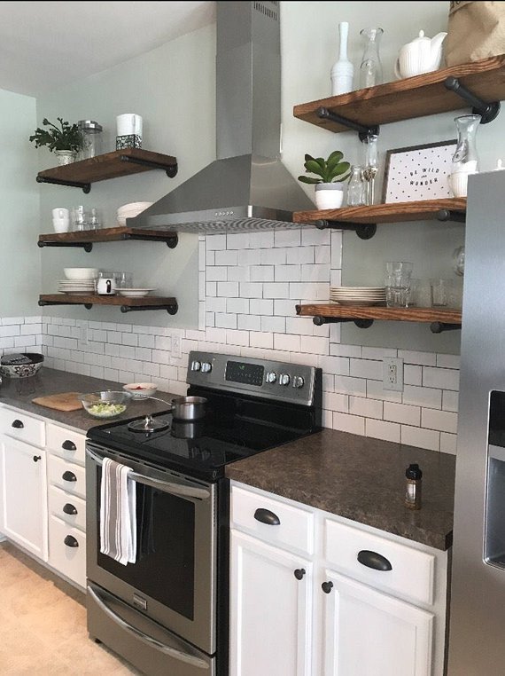 Kitchen shelves for cookbooks, dishes and
  more.