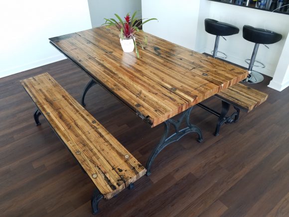 Reclaimed Oak Boxcar Plank Table with benches, Recycled, vintage