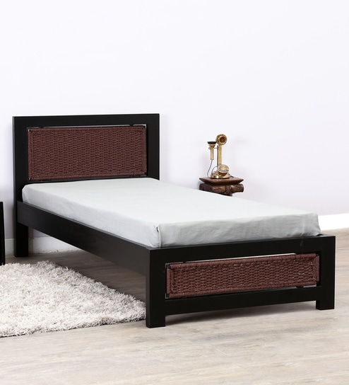 Buy Coram Solid Wood Single Bed with Handwoven Headboard in Espresso