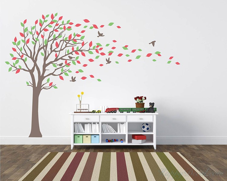 Large Tree Wall Decal with Colorful Leaves Blow in the Wind Nursery