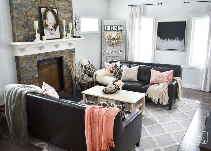 A Black & Blush Pink Living Room + DIY Pom Pom Heart Pillow | The