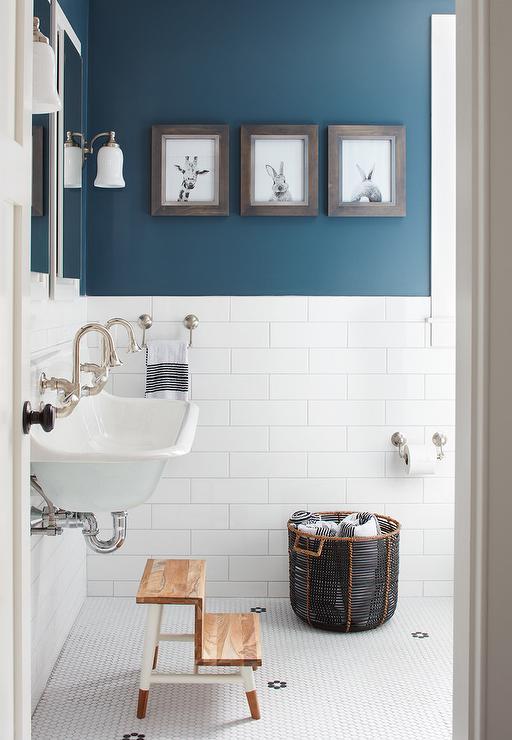 Boy Bathroom with Peacock Blue Wall Paint Color - Transitional