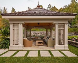 garden design, Modern Gazebo As Sunroom And Outdoor Living Room