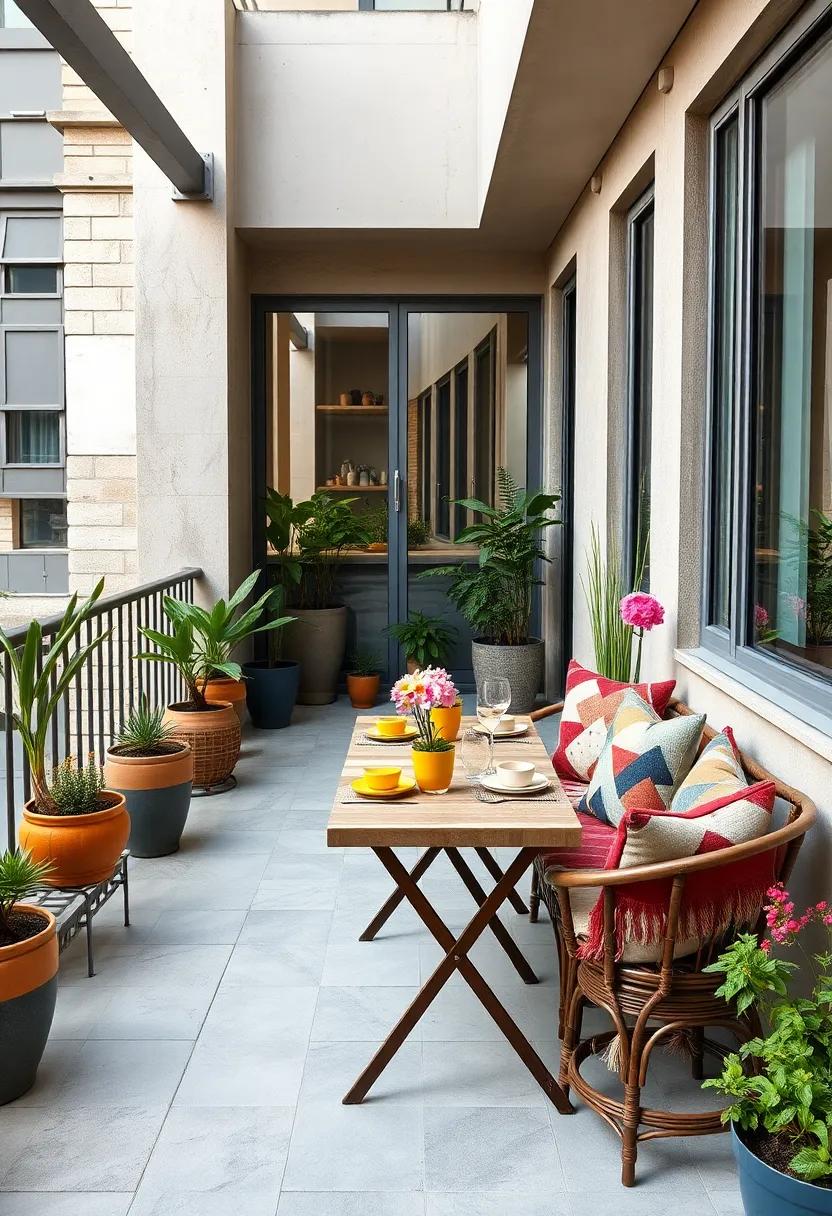Artistic Use Of Patchwork Cushions And Bright Tableware On A Narrow Balcony With Urban Garden Vibes