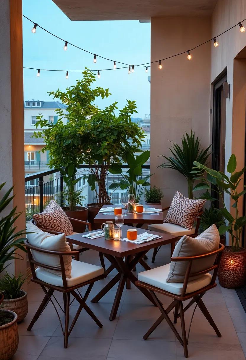 Balcony Dining Oasis Filled With Lush Greenery And Warm String Lights For Intimate Evening Meals