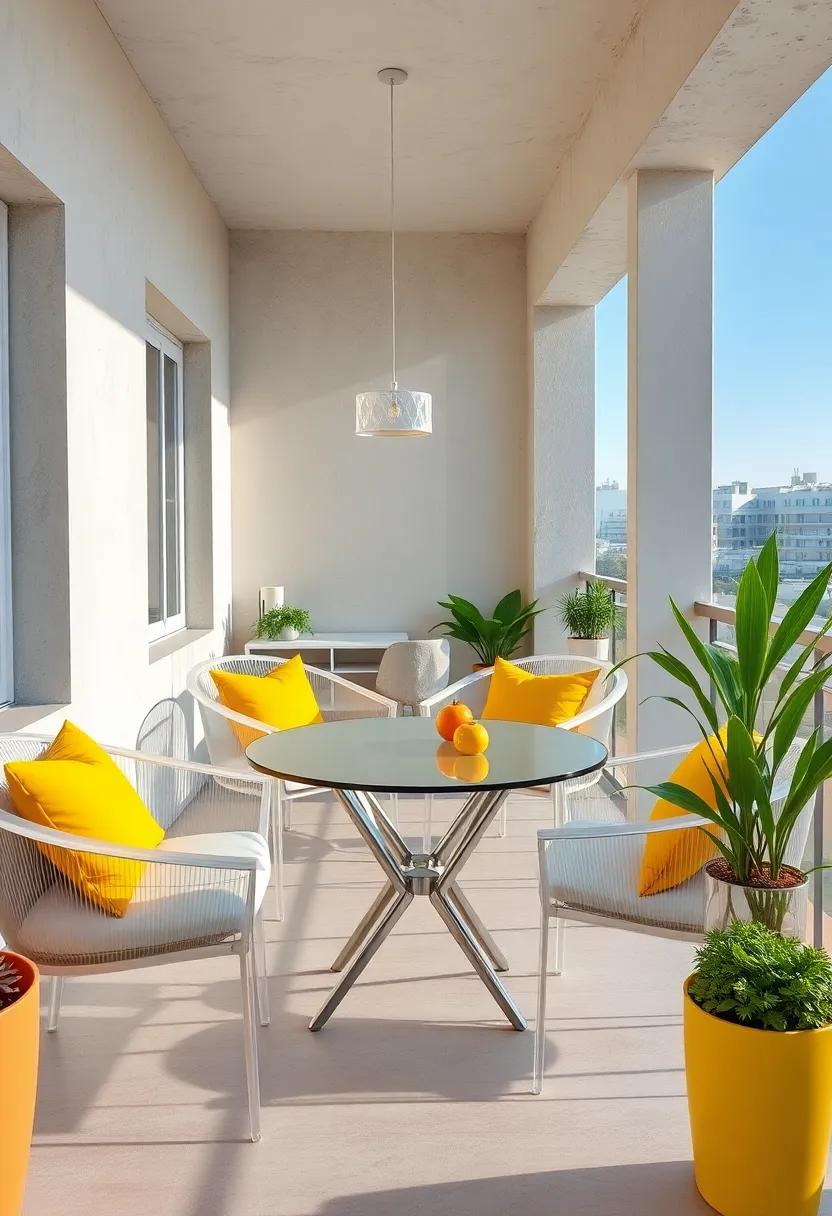 Bright And Airy Space With Transparent Furniture And Pops Of Yellow In Pillows And Flower Pots
