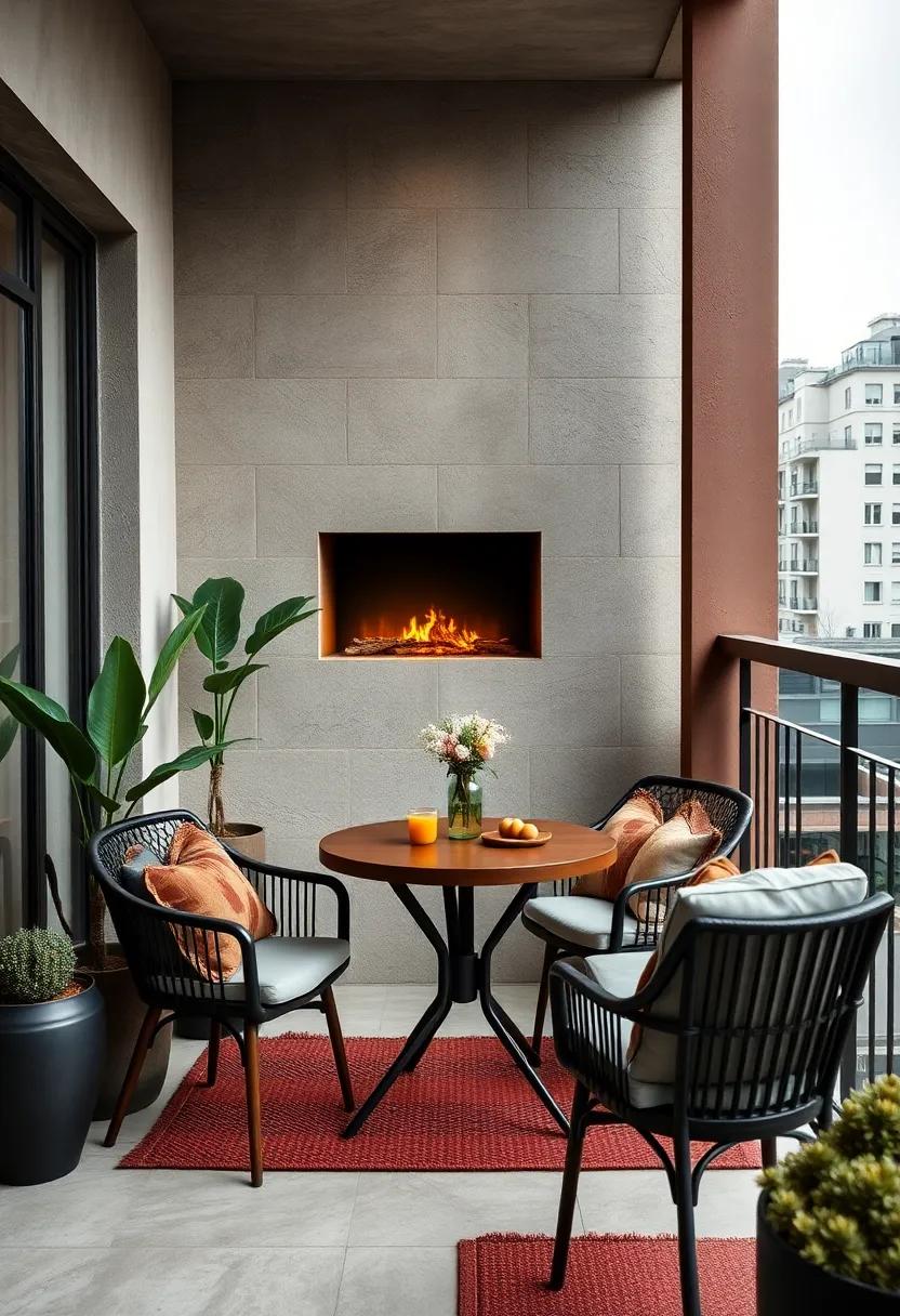 Cozy Fireplace Feature Mounted On Balcony Wall Complementing A Small Round Table For Winter Dining