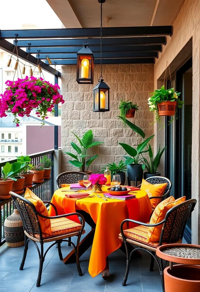 Festive Balcony Dining Setup With Brightly Colored Tablecloths, Lanterns, And Hanging Flowerpots For Celebrations