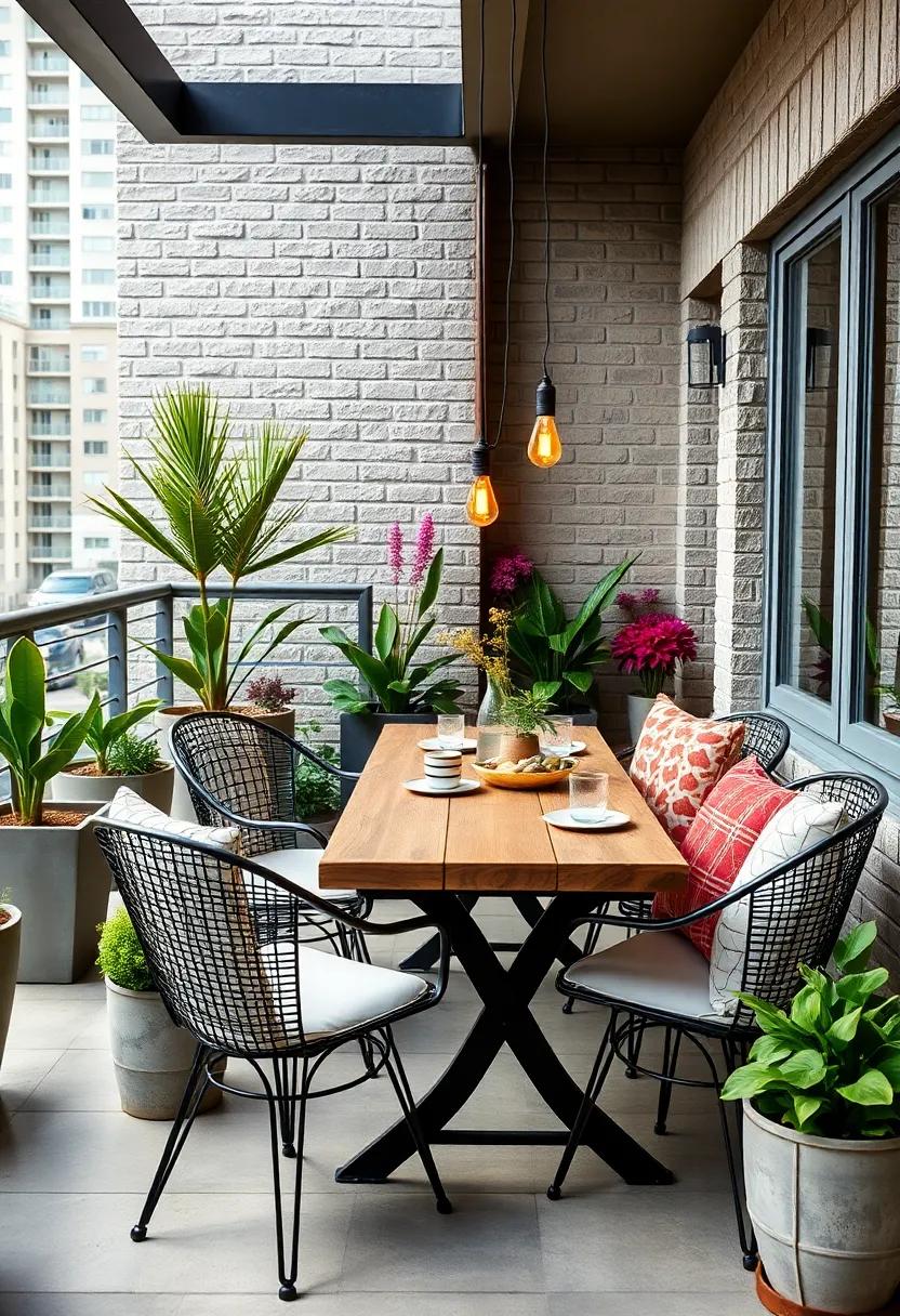 Industrial Style Metal Chairs With Weathered Wood Table Surrounded By Concrete Planters And Edison Bulbs