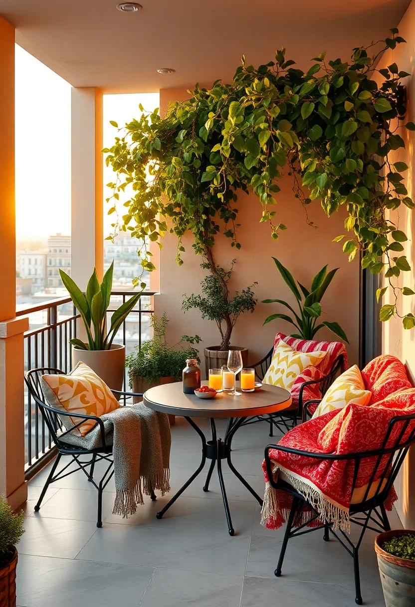 Inviting Sunset Feeding Spot With Colorful Throw Blankets And Compact Round Table Under Overhanging Vines