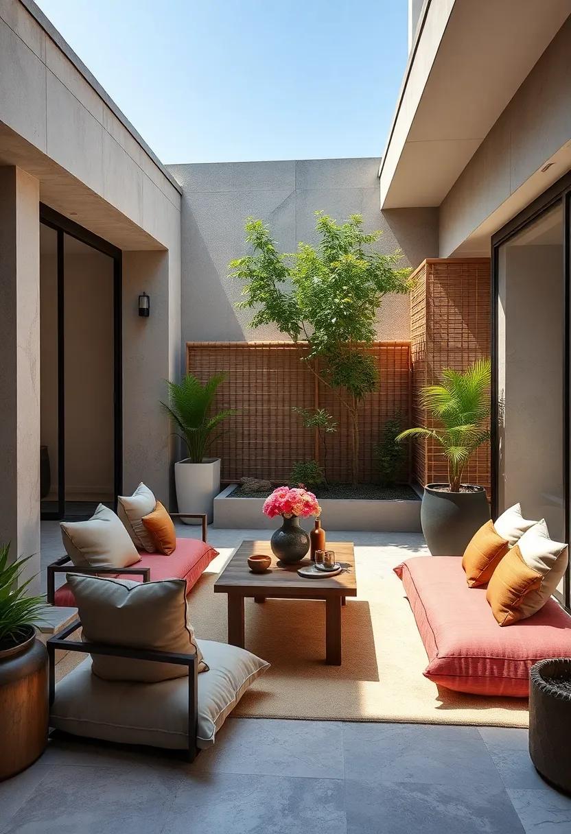 Japanese Minimalist Low Table With Floor Seating Surrounded By Zen Garden Elements And Bamboo Privacy Screens