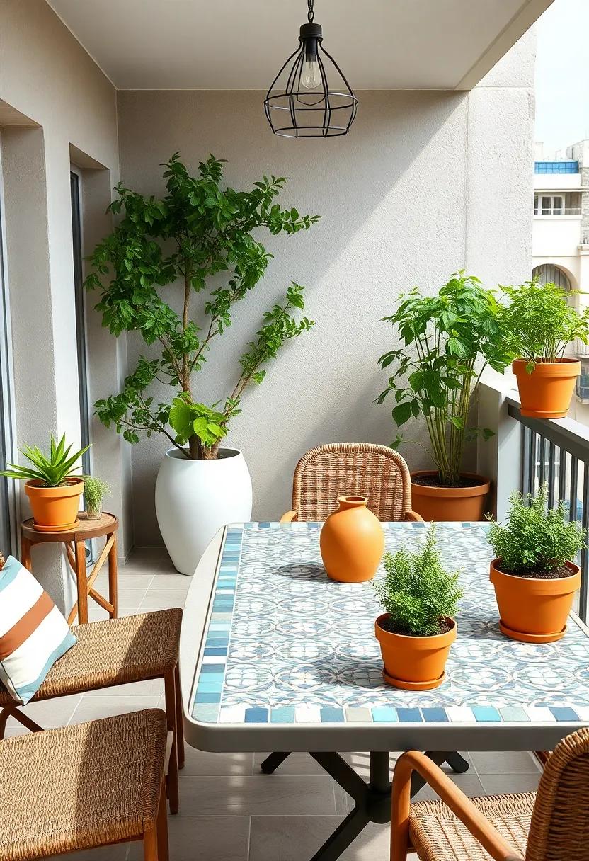 Mediterranean Inspired Balcony Decor With Mosaic Tabletop And Terracotta Pots Overflowing With Herbs