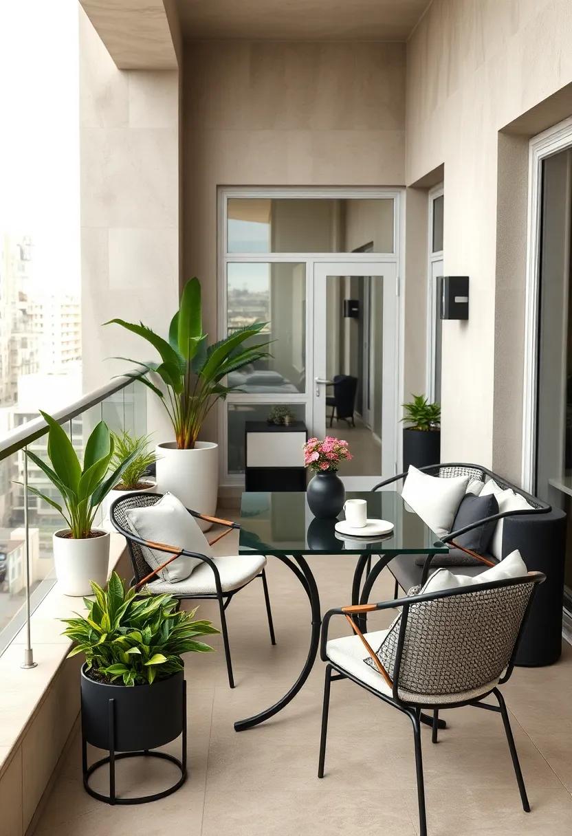 Minimalist Metal Dining Furniture With Sleek Lines And Monochrome Plant Arrangements For A Modern Balcony