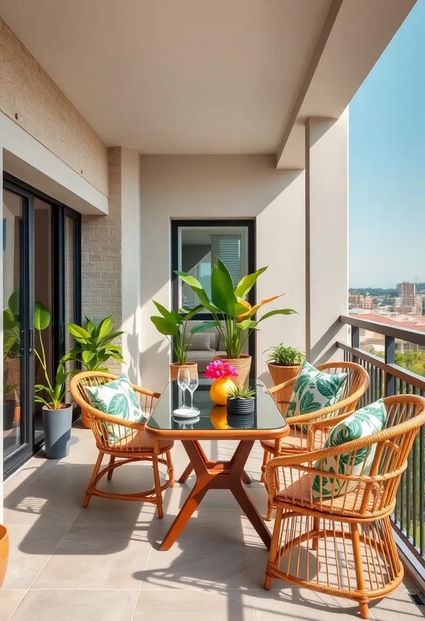 Modern Tropical Ambiance With Leaf-patterned Cushions And Bamboo Furniture On A Sunny Balcony