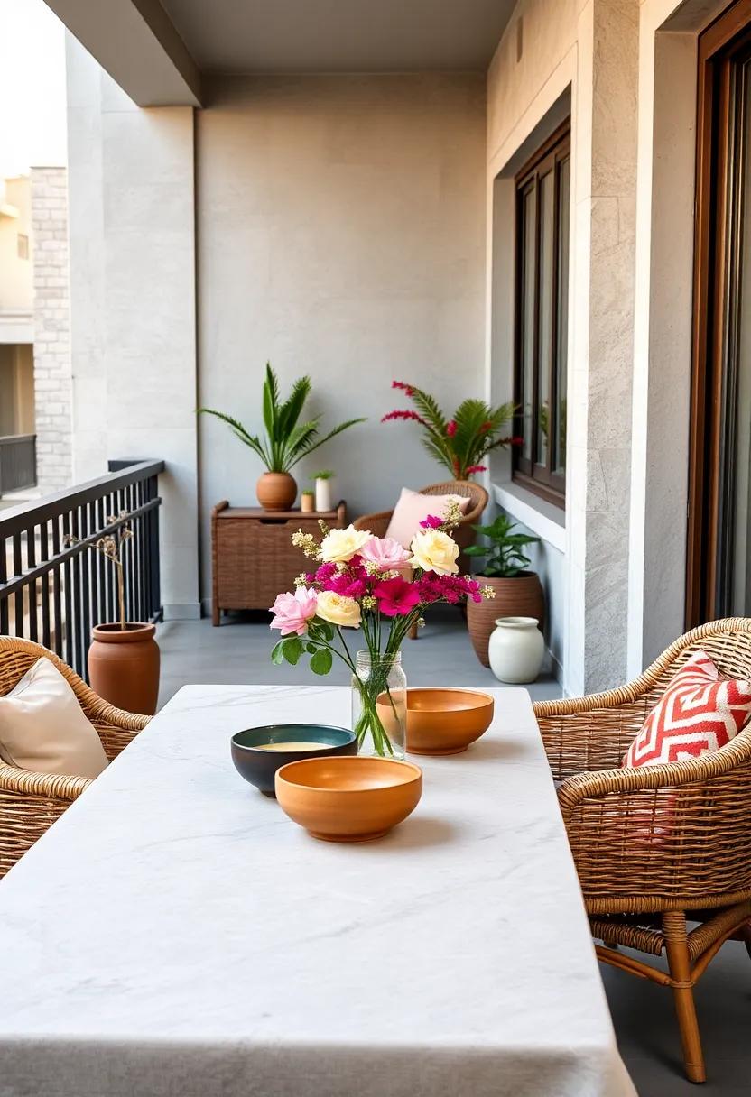 Natural Wicker And Rattan Dining Set Paired With Fresh Cut Flowers And Handcrafted Pottery Bowls On Table