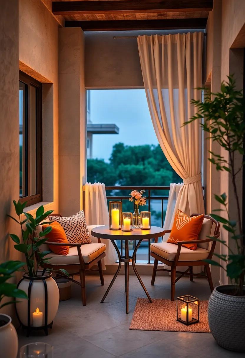 Romantic Balcony Arrangement With Candlelit Lanterns And Soft Drapery Over A Small Round Table