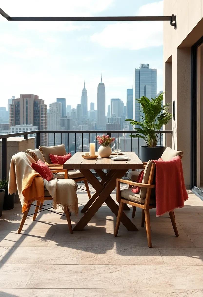 Rustic Wooden Table Surrounded By Cozy Chairs Draped In Soft Throws Against A City Skyline Backdrop