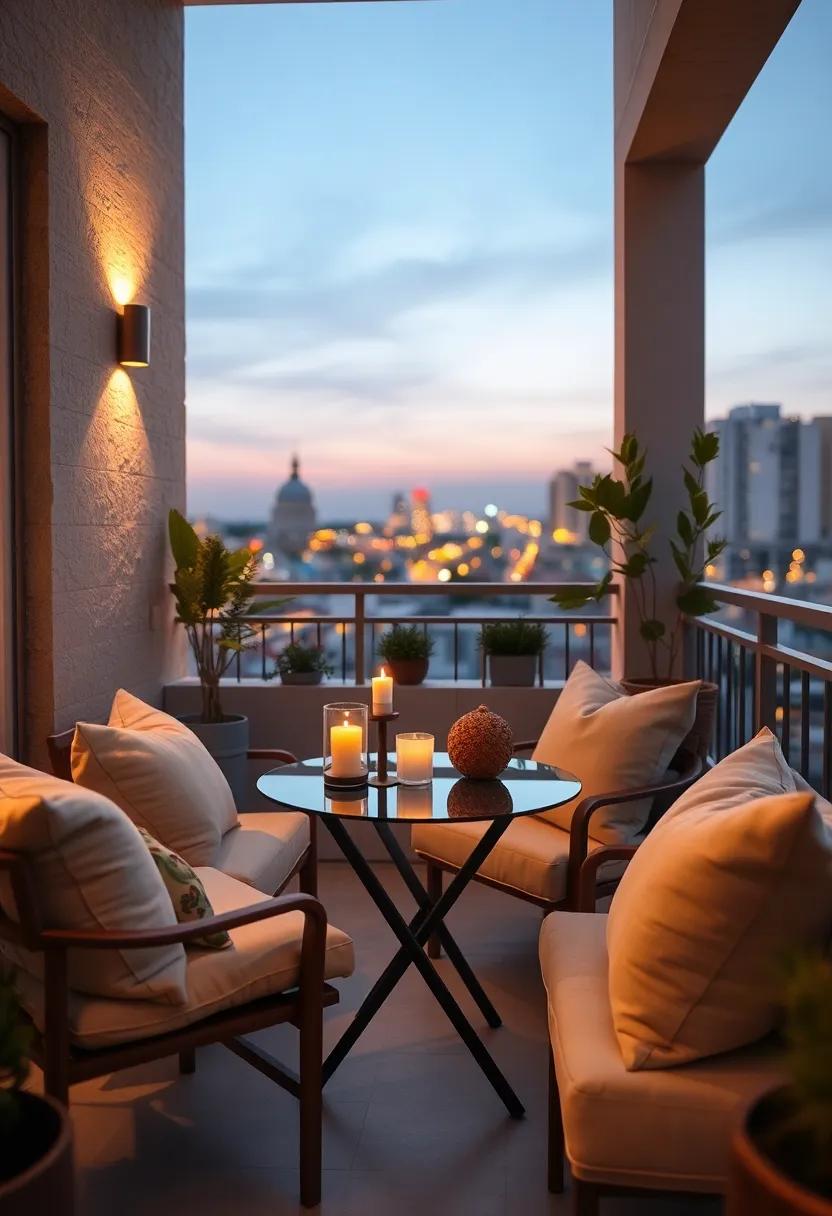 Serene Twilight Balcony Scene With Candlelight And Soft Pillows Around A Small Glass Dining Table