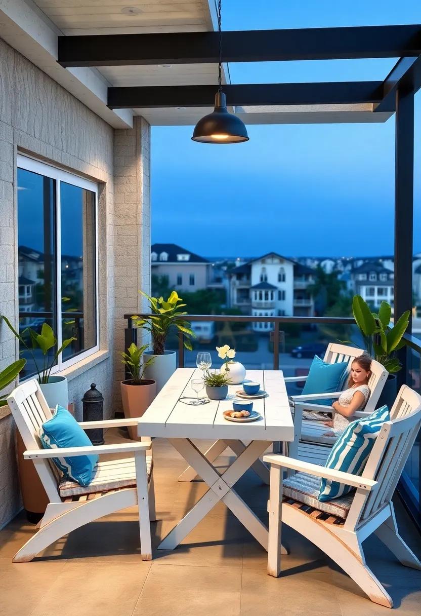 Sleek Coastal Style Balcony Featuring White Washed Wood Furniture And Nautical Blue Accents
