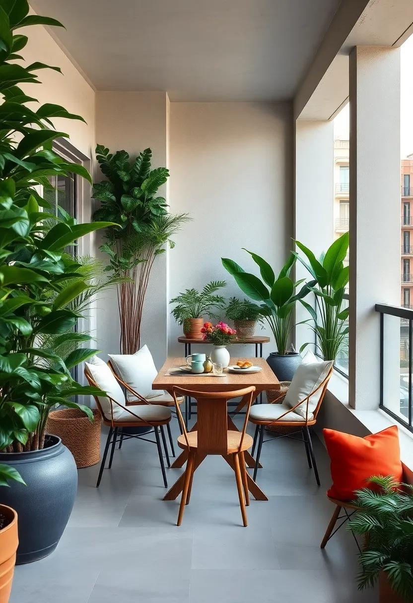 Urban Jungle Dining Area With Dense Green Plants Framing A Small Rustic Table And Vintage Chairs