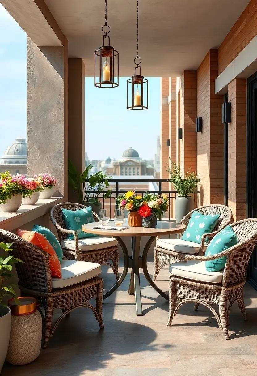 Vintage Wicker Seating Arranged Around A Round Table With Hanging Lanterns And Floral Accents