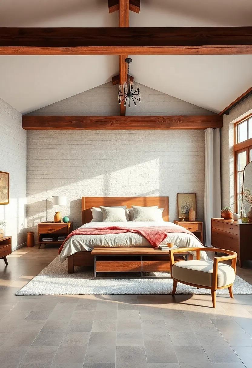 Aged Hardwood Beams Intersecting with Neutral Tones and Natural Light for Serene Bedroom Vibes