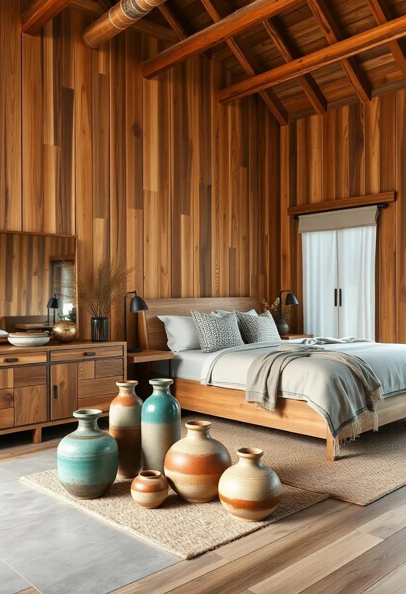 Artisan Ceramic Vases and Hand-thrown Pottery Set Among Reclaimed Wood Furnishings for Rustic Appeal