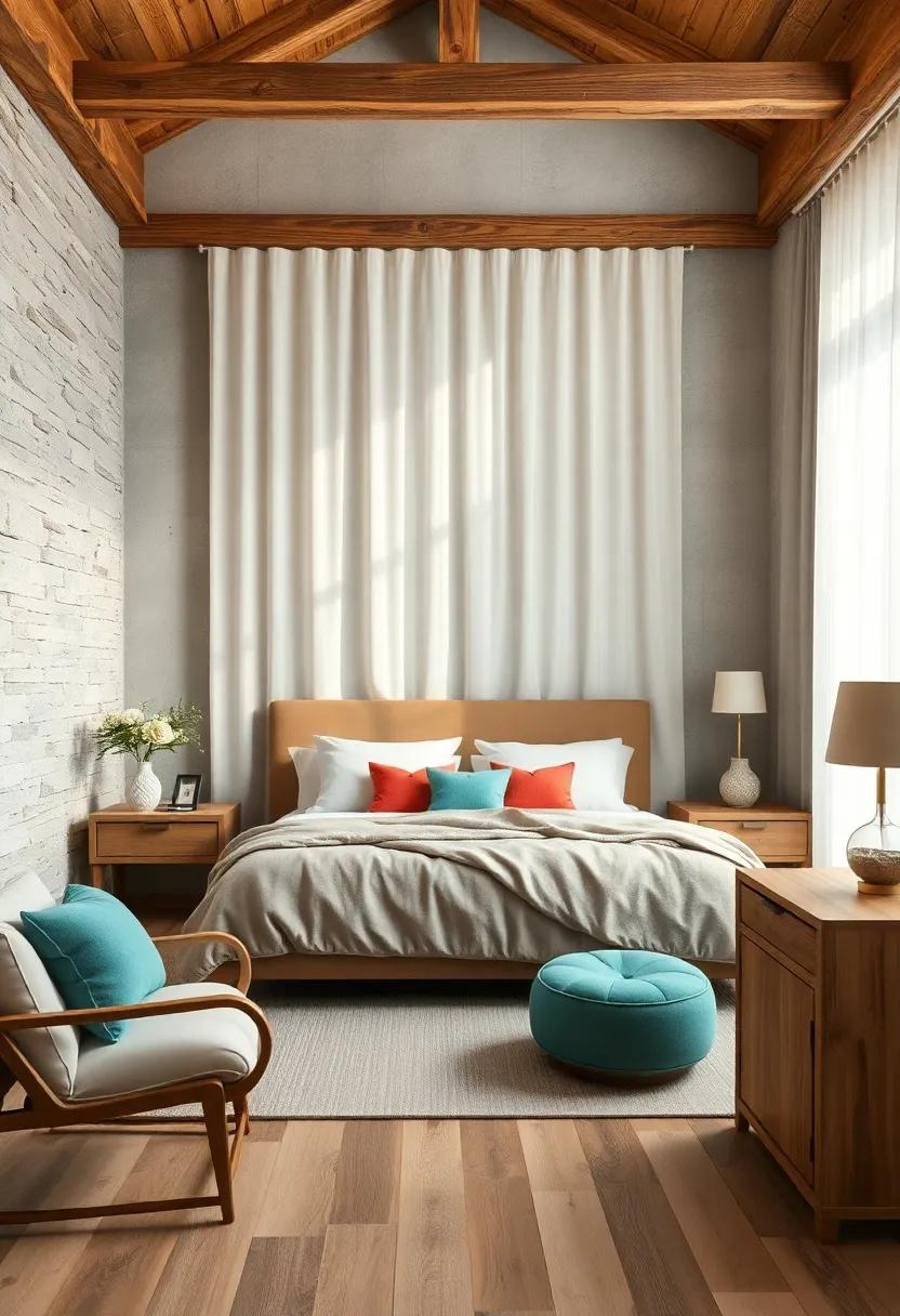 Natural Light Streaming Through Sheer Curtains Illuminating Textured Walls and Handcrafted Woodwork