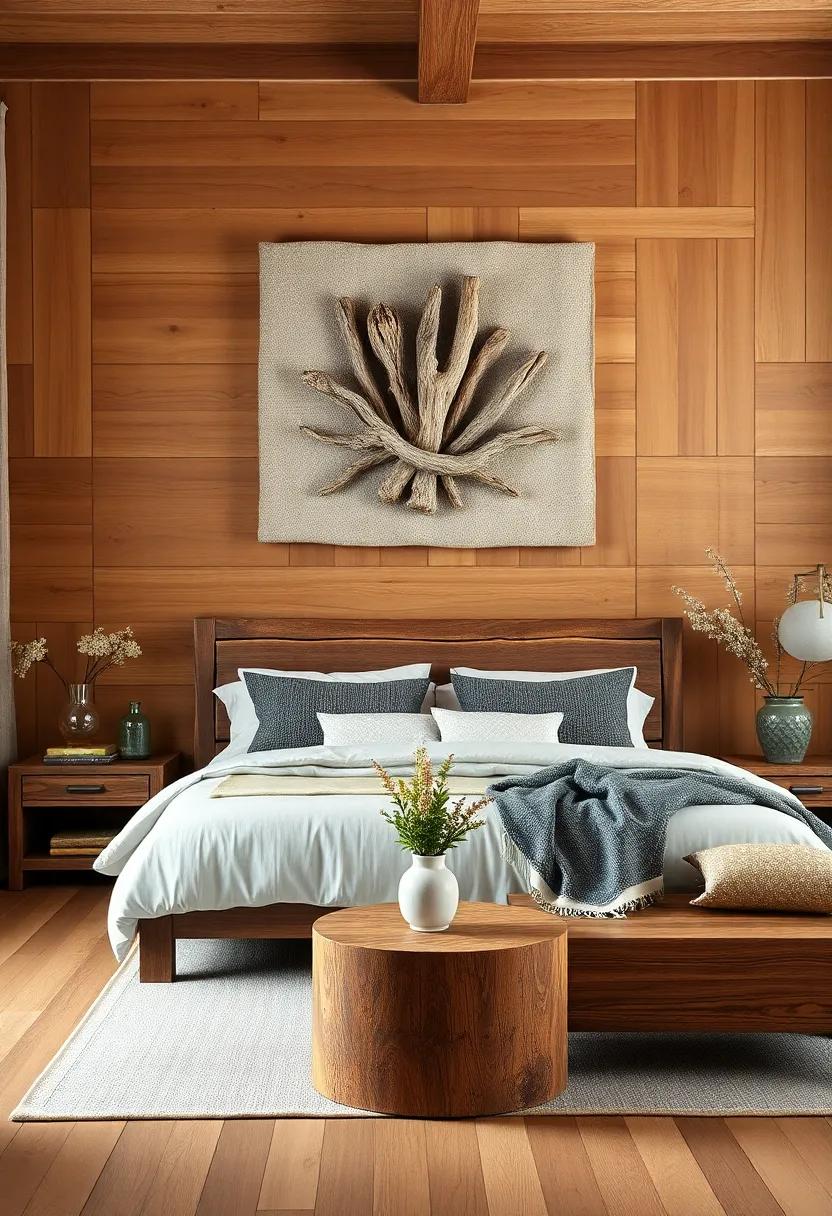 Textured Wall Art Featuring Driftwood and Natural Elements Hung Above Barnwood Furniture