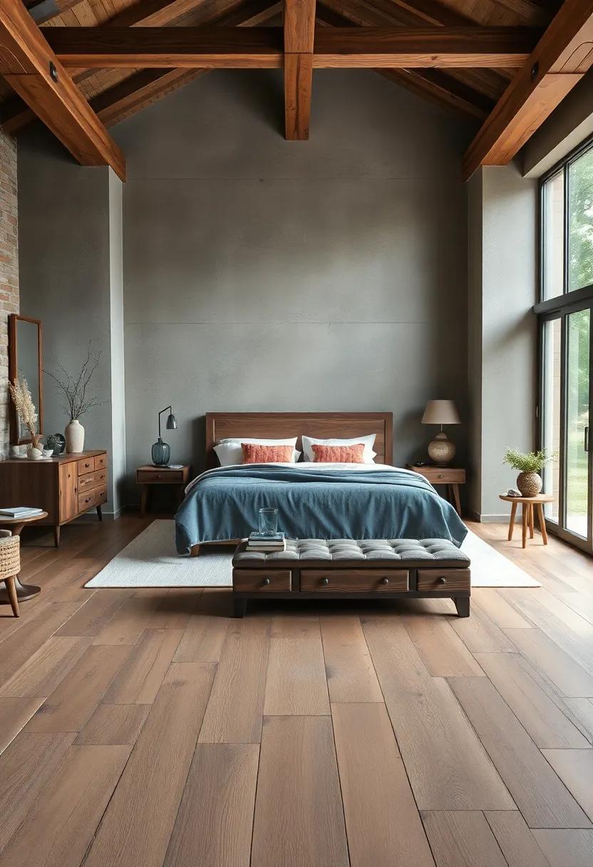 Worn Wood Floorboards in Complementary Tones Enhancing the Natural Cozy Bedroom Environment