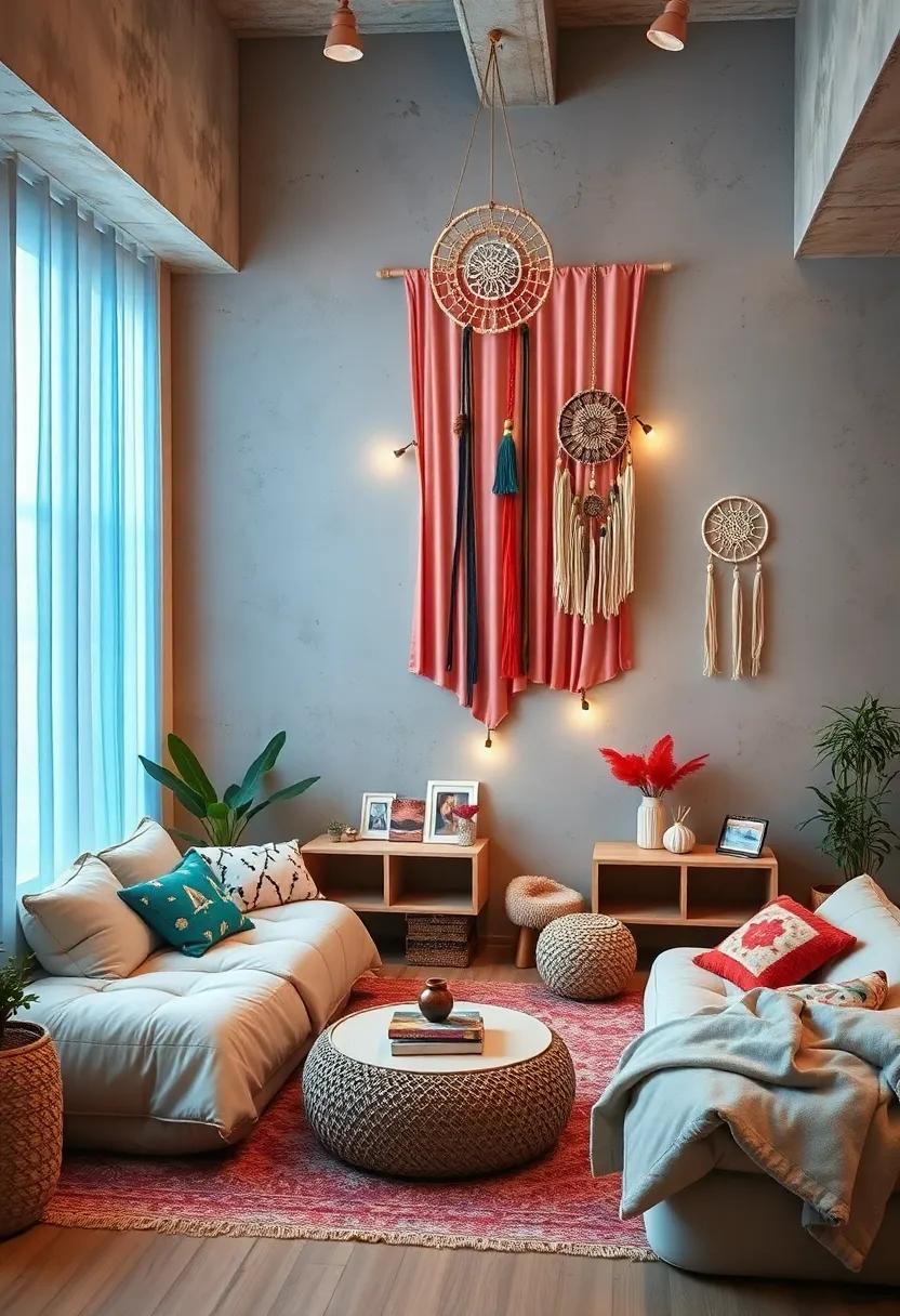 Handcrafted Dreamcatchers And Fabric Banners Adding A Touch Of Bohemian Charm To The Room Setting