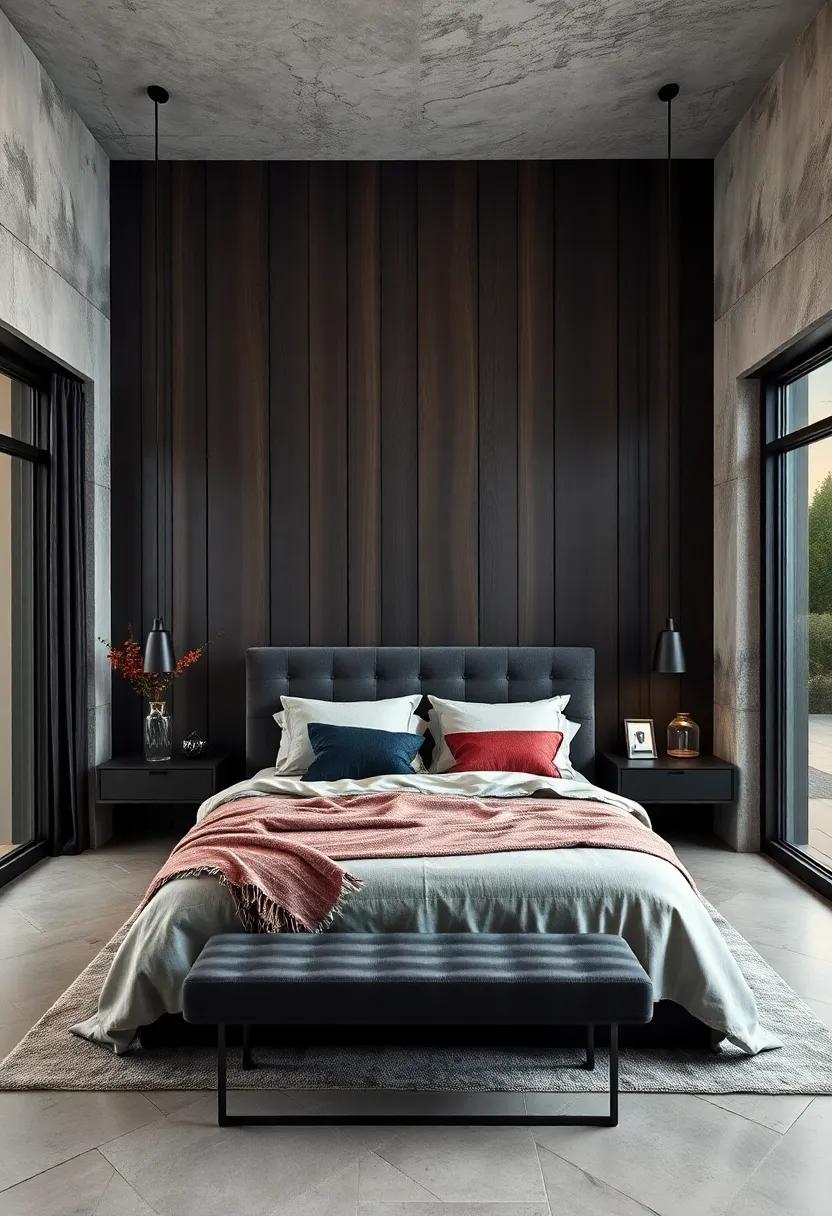 The Timeless Elegance of Matte Black Metallic Accents Against Dark Wood Panels in Luxury Industrial Bedrooms