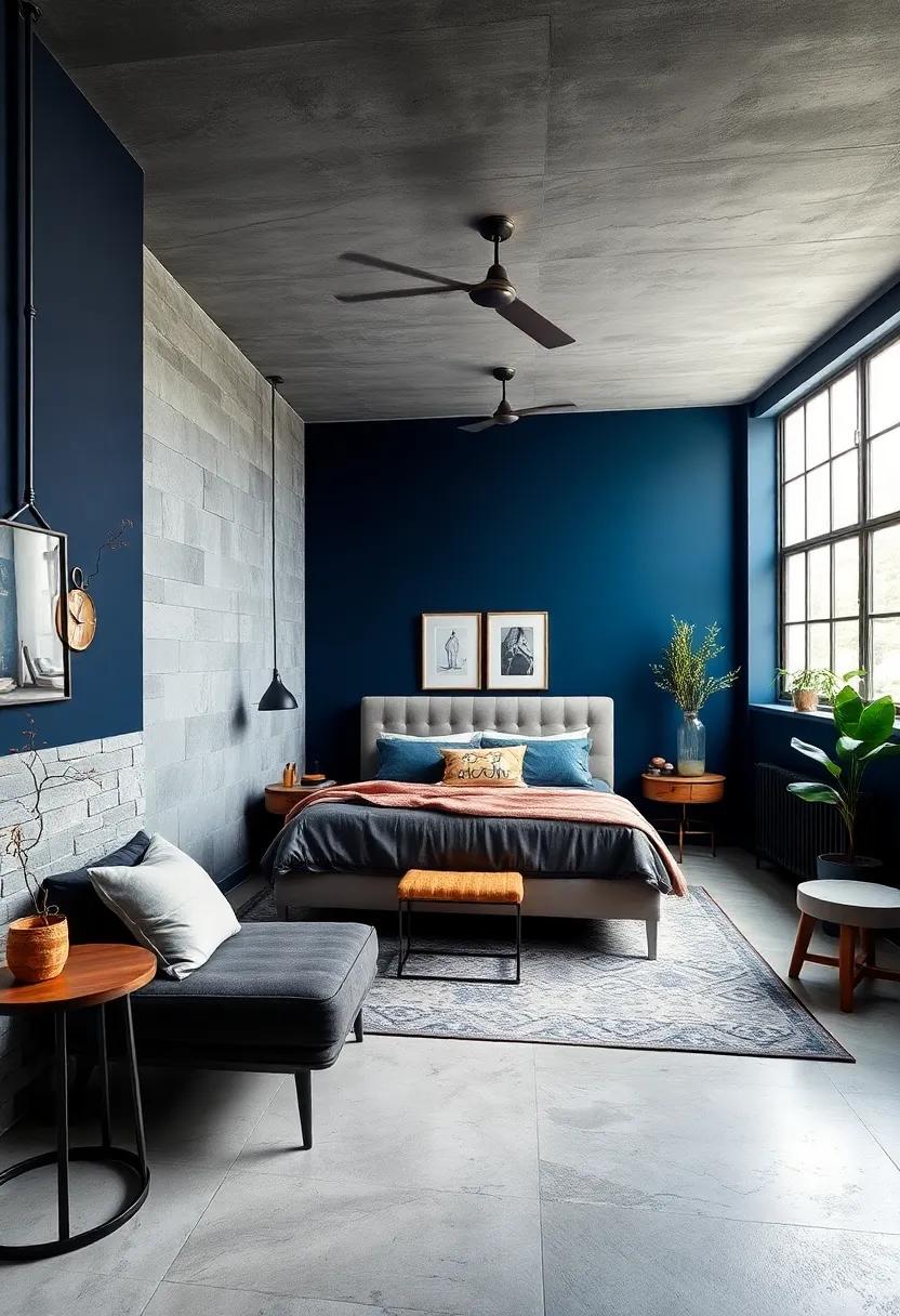 Deep Blue Accent Walls Complementing Gunmetal Fixtures for a Unique Industrial Bedroom Statement
