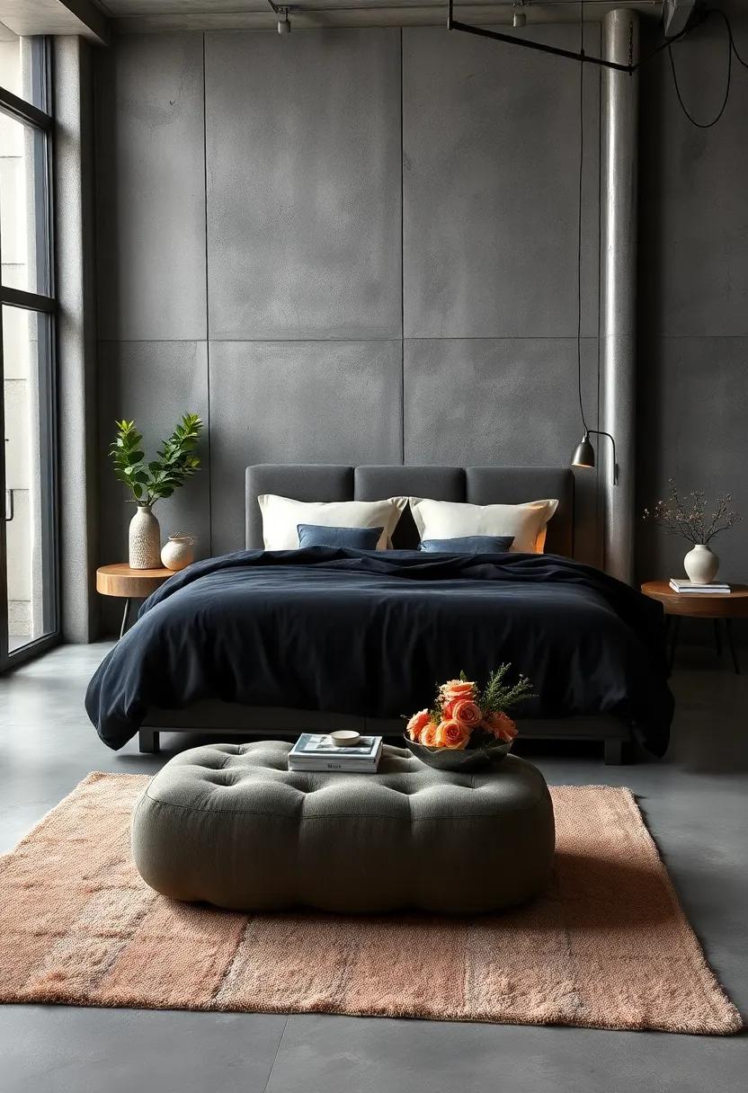 Contrast of Warm Amber Lighting and Charcoal Concrete Walls Creating an Intimate Ambiance in Urban Bedroom Spaces