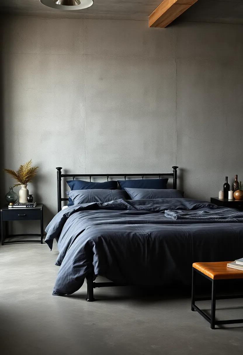 Contrast of Heavy Linen Bedding in Charcoal Tones Against Polished Black Steel Bed Frames for Industrial Elegance
