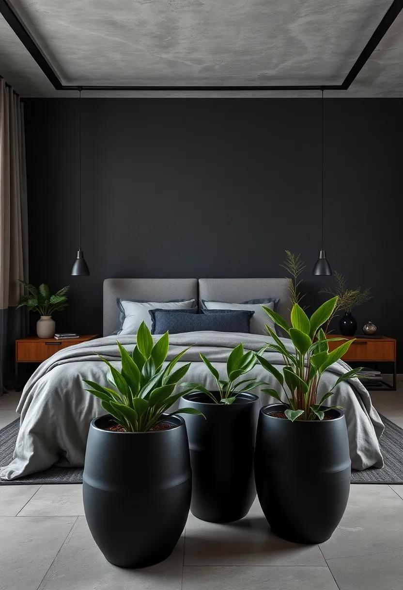 Subtle Greenery in Matte Black Ceramic Pots Introducing a Touch of Nature to Dark Industrial Interiors