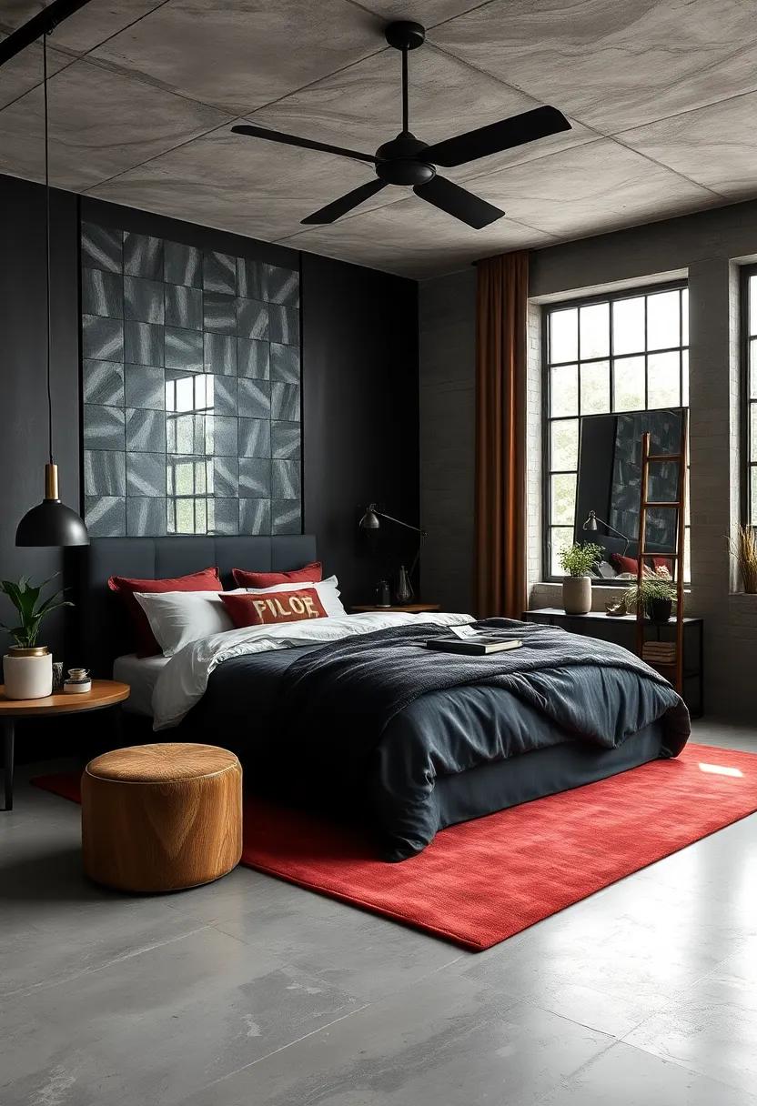 The Strategic Use of Mirrored Surfaces Enhancing Depth Within Dark Tone Luxury Industrial Bedrooms