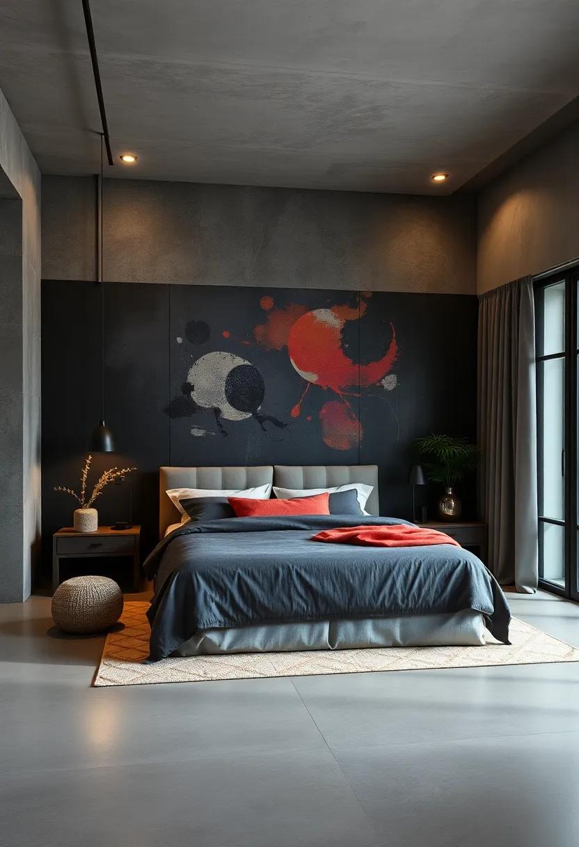Moody Murals and Abstract Artworks in Dark Hues Adding a Contemporary Edge to Industrial Bedroom Spaces