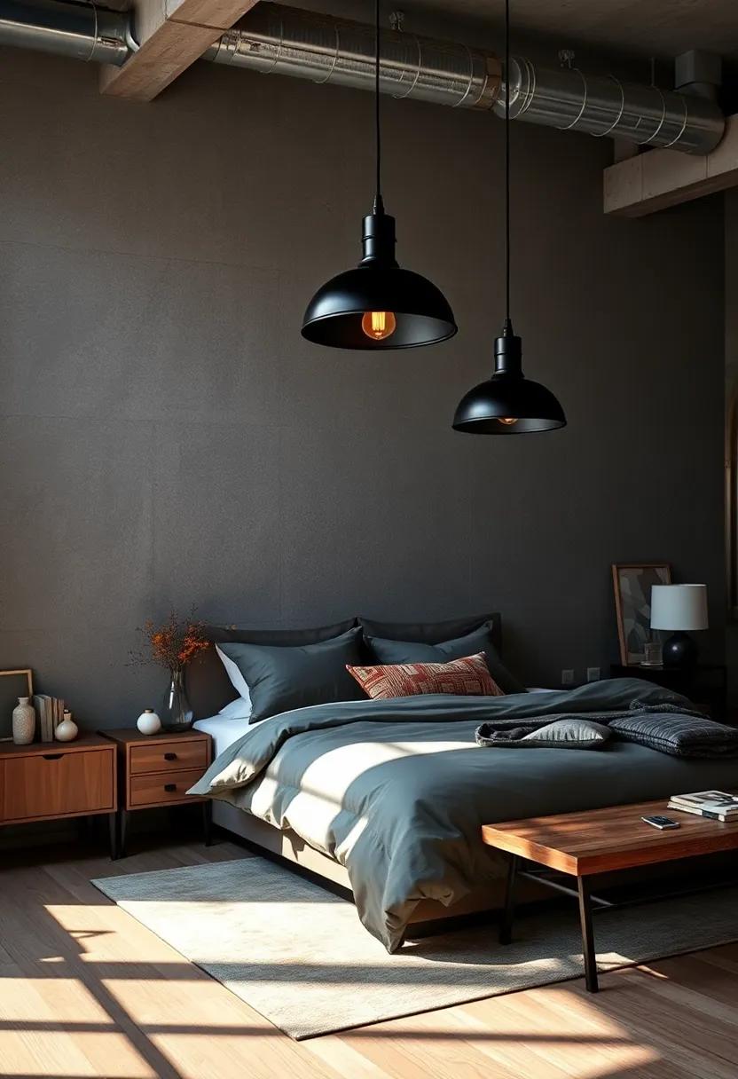 Silhouettes of Black Metal Pendant Lamps Casting Dynamic Shadows in Moody Industrial Bedroom Settings