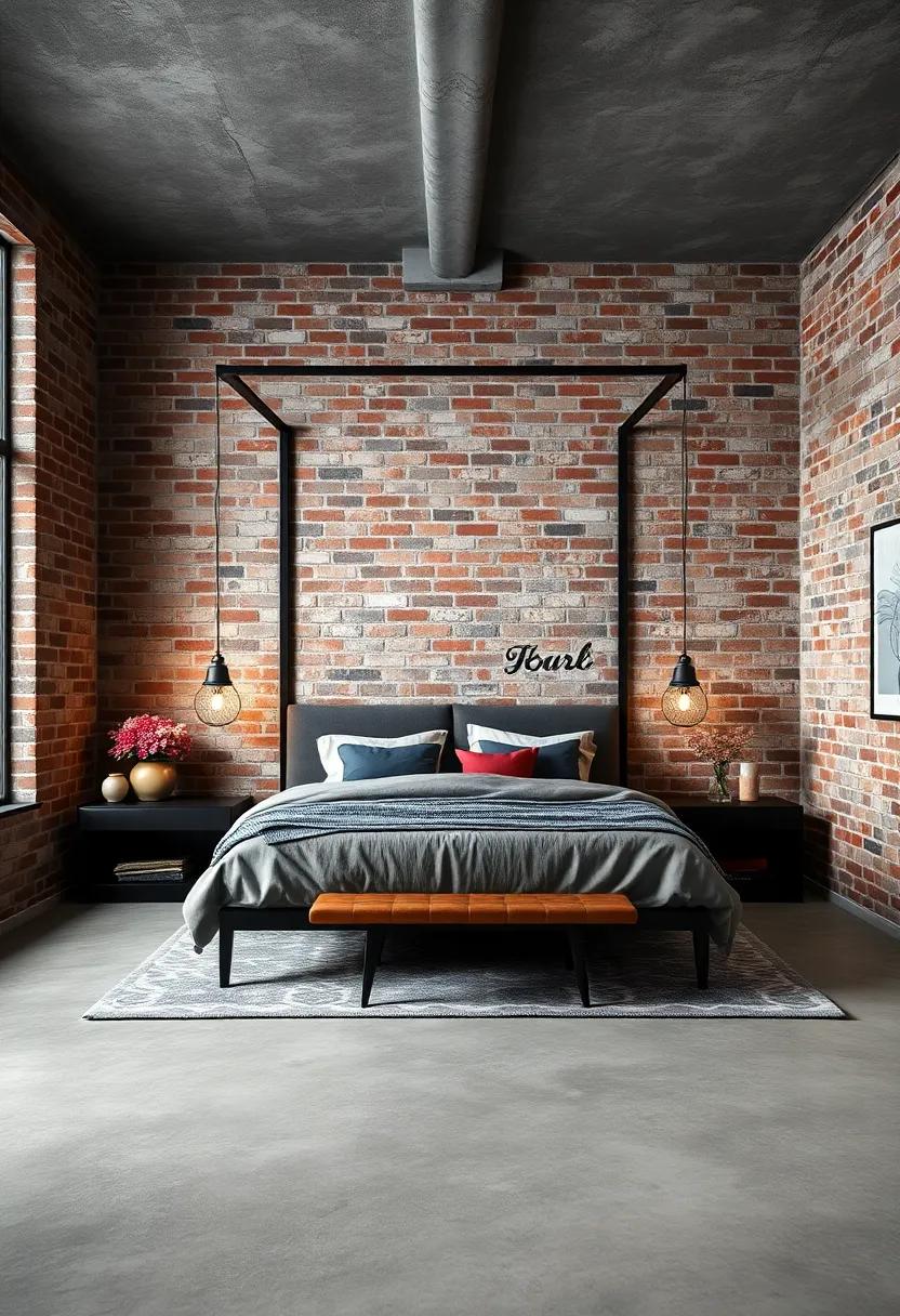 Raw Textures of Exposed Brick Walls Blended with Sleek Black Steel Frames for a Bold Bedroom Statement