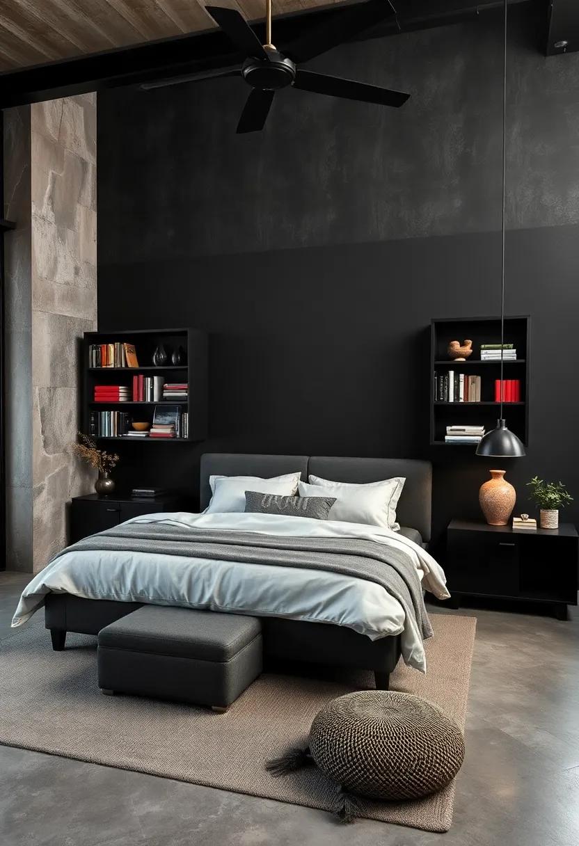 The Sophistication of Minimalist Black Bookcases Against Walls Drenched in Deep Industrial Charcoal