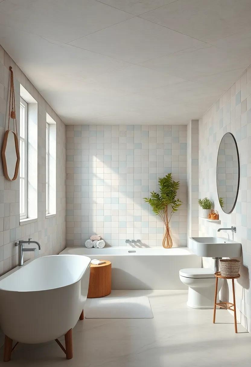 Ceiling Details Framed By Pastel Tiles Invoking Nostalgic Mid-Century Modern Bathroom Charm