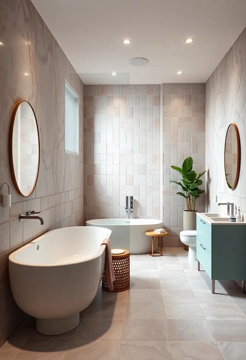 Transitional Flooring Featuring Soft Pastel Hues To Anchor Mid-Century Modern Bathroom Designs