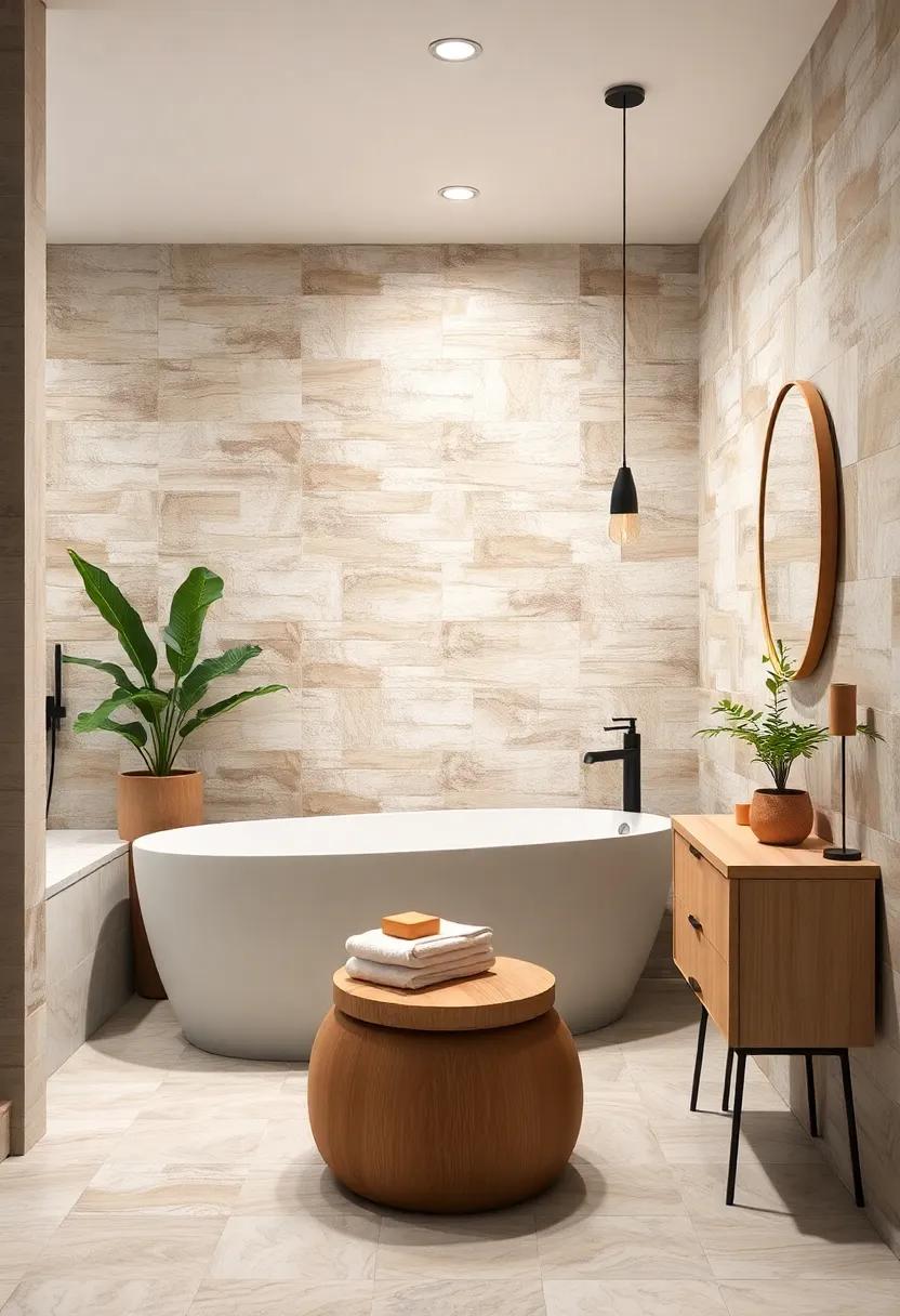 Natural Wood Accents Paired With Muted Pastel Tiles Evoking A Cozy Mid-Century Bathroom Feel