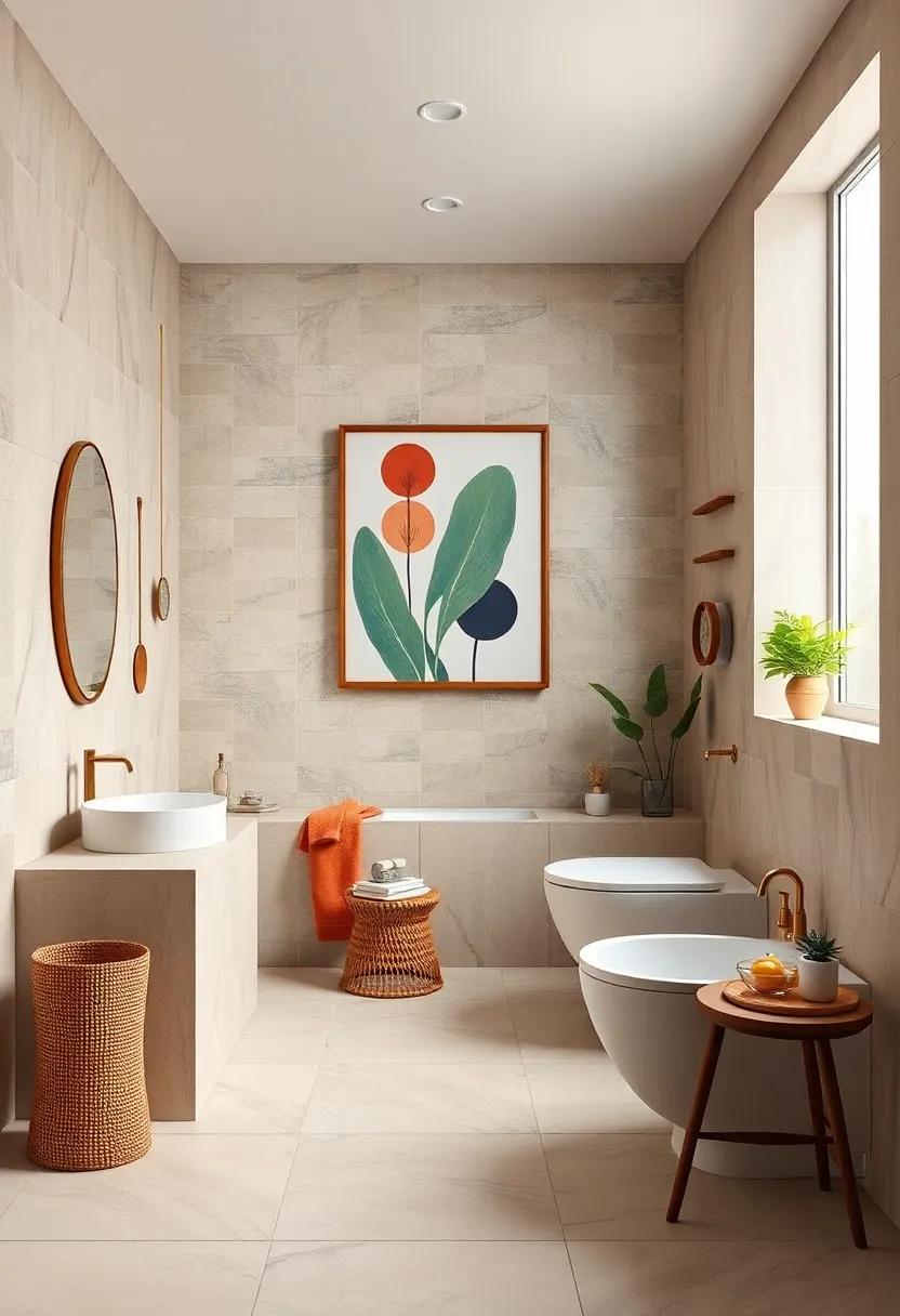 Statement Art Pieces Harmonizing With Pastel Tile Schemes In Mid-Century Inspired Bathrooms