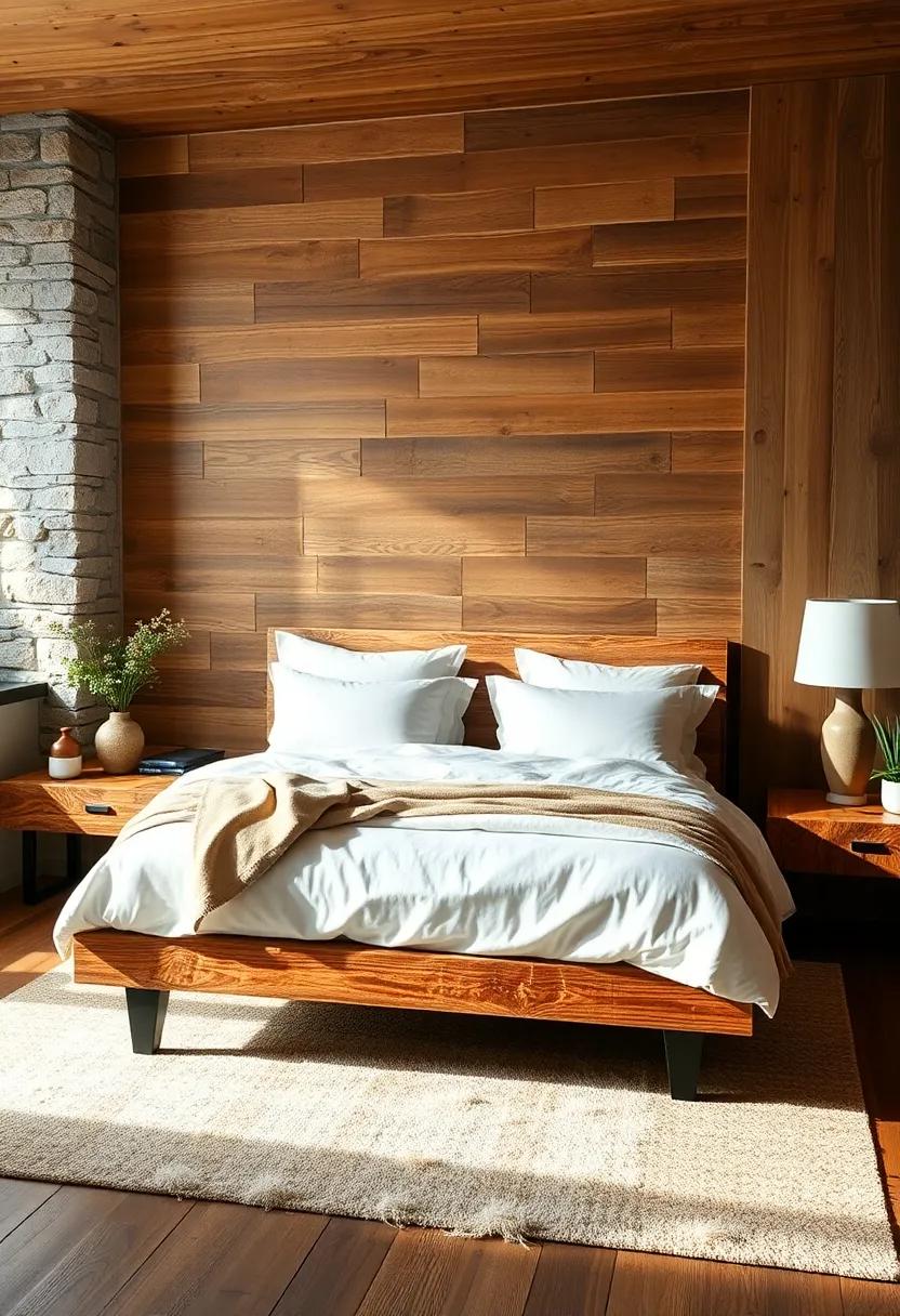 Textural Contrast of Smooth Linens Against Rough Reclaimed Wood Bedside Tables