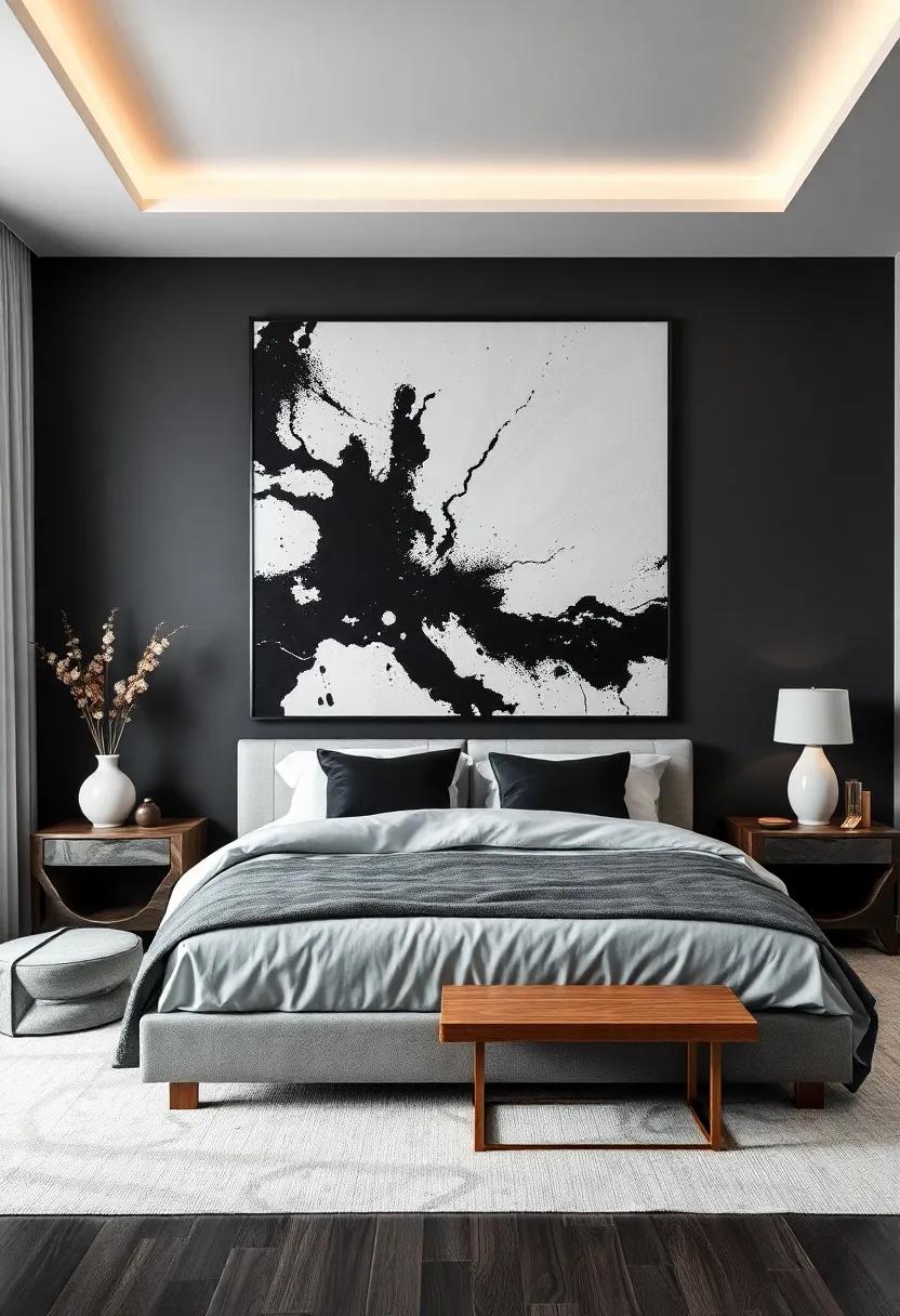 Striking Contrast Between Bold Black and White Tones with a Massive Abstract Wall Piece in a Minimalist Bedroom