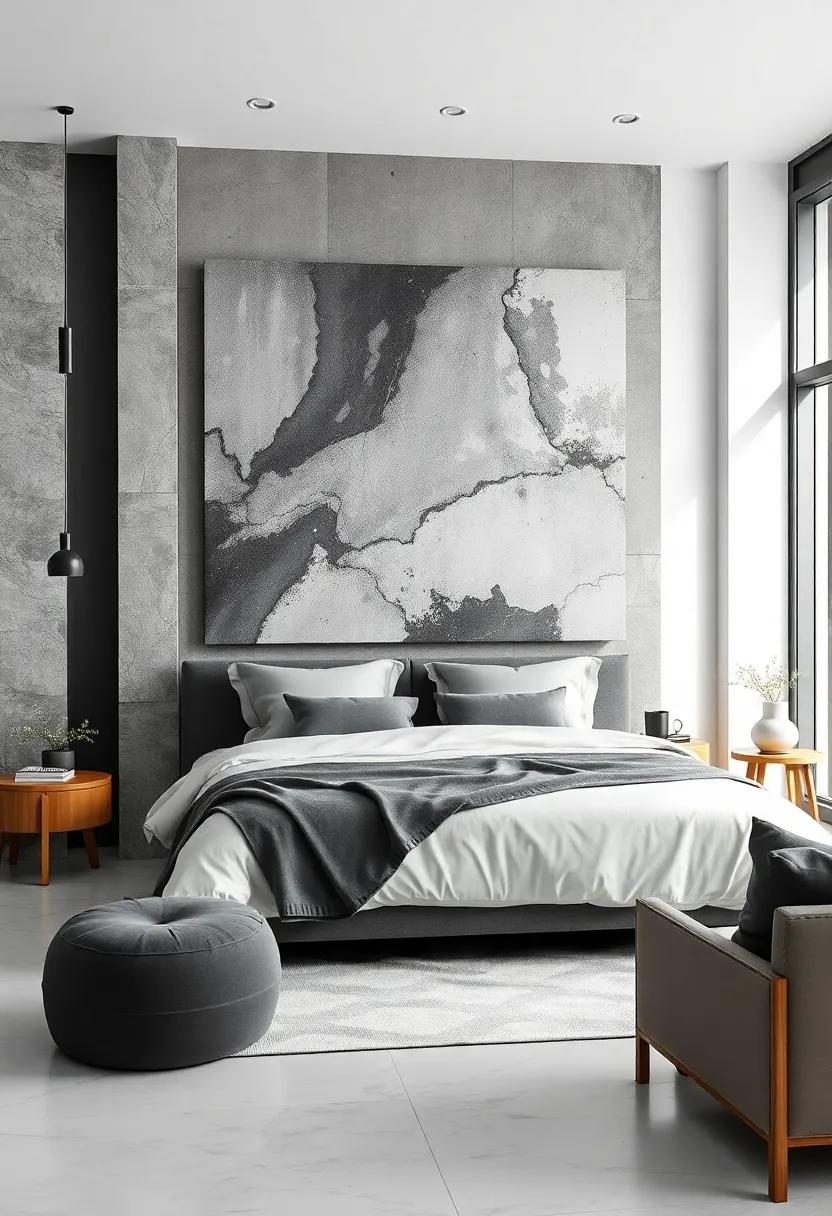 Serene Shades of Charcoal and Silver Surround a Large Geometric Canvas Creating Depth in a Contemporary Bedroom