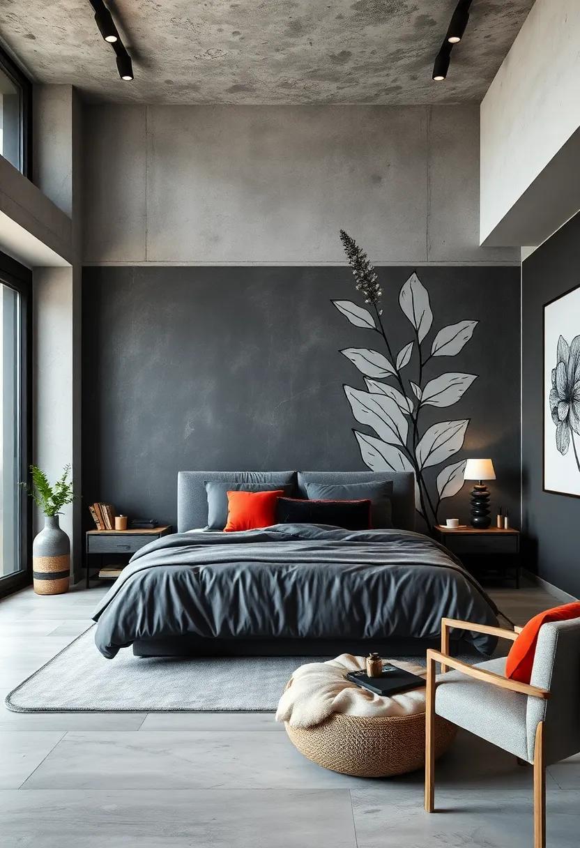 Brushed Charcoal Walls Complemented by an Oversized Detailed Line Sketch of Botanical Elements Enhancing Comfort